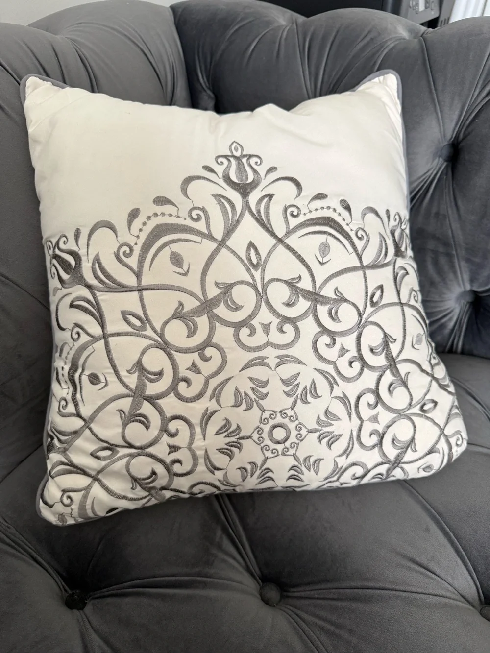 Ivory Gray Embroidered Decorative Throw Pillow 17x17 Damask Accent Cushion